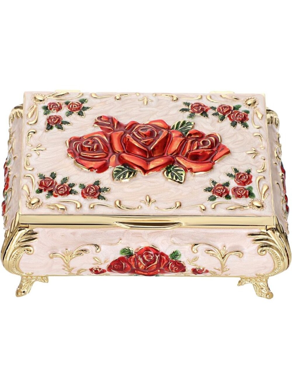 Vintage Small Metal Beige Trinket Case Engraved Jewelry Storage Box For Necklace